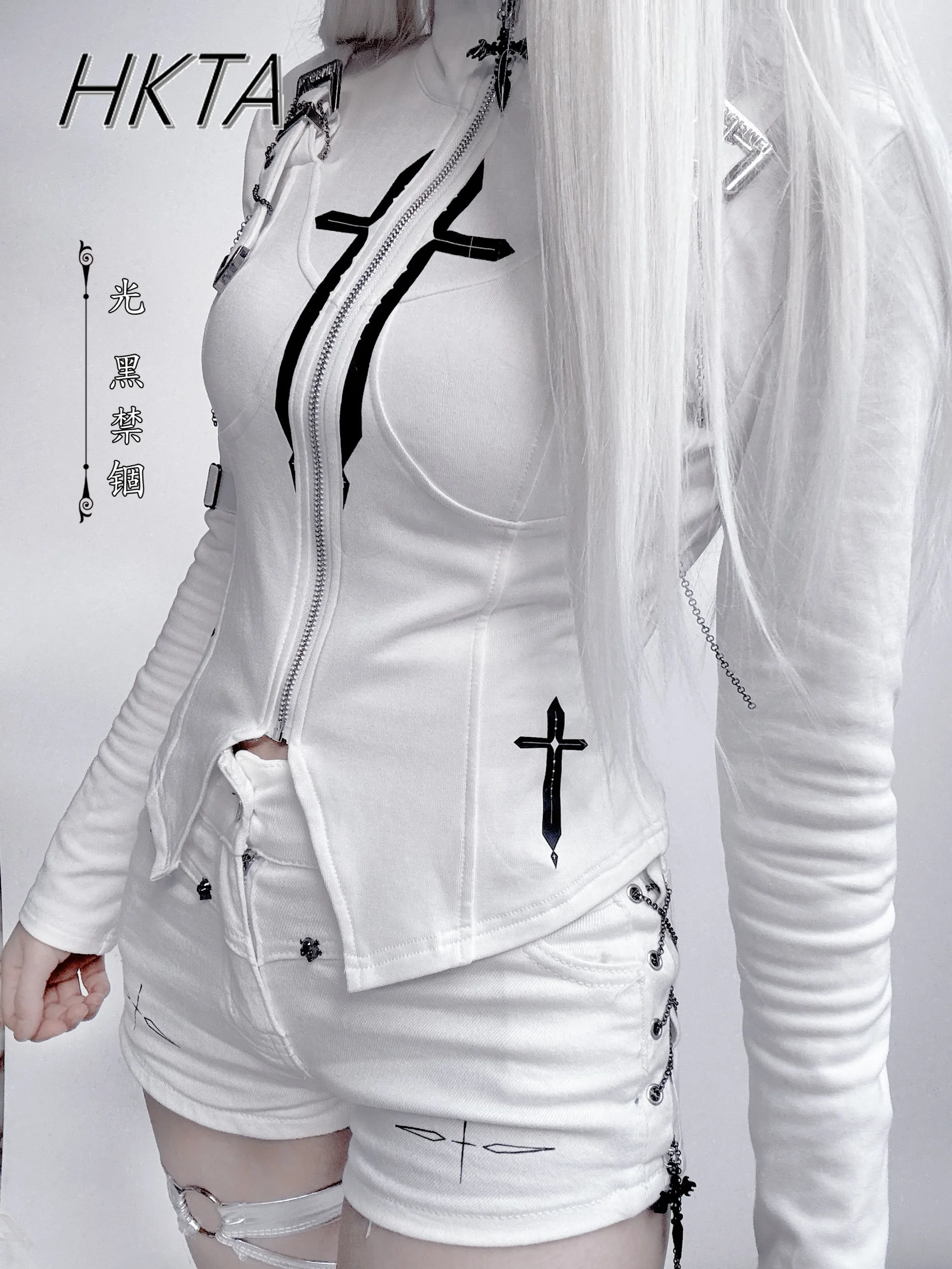 Contrasting color subculture futuristic mechanical stand up collar t shirts top women summer stand up collar long sleeved tshirt