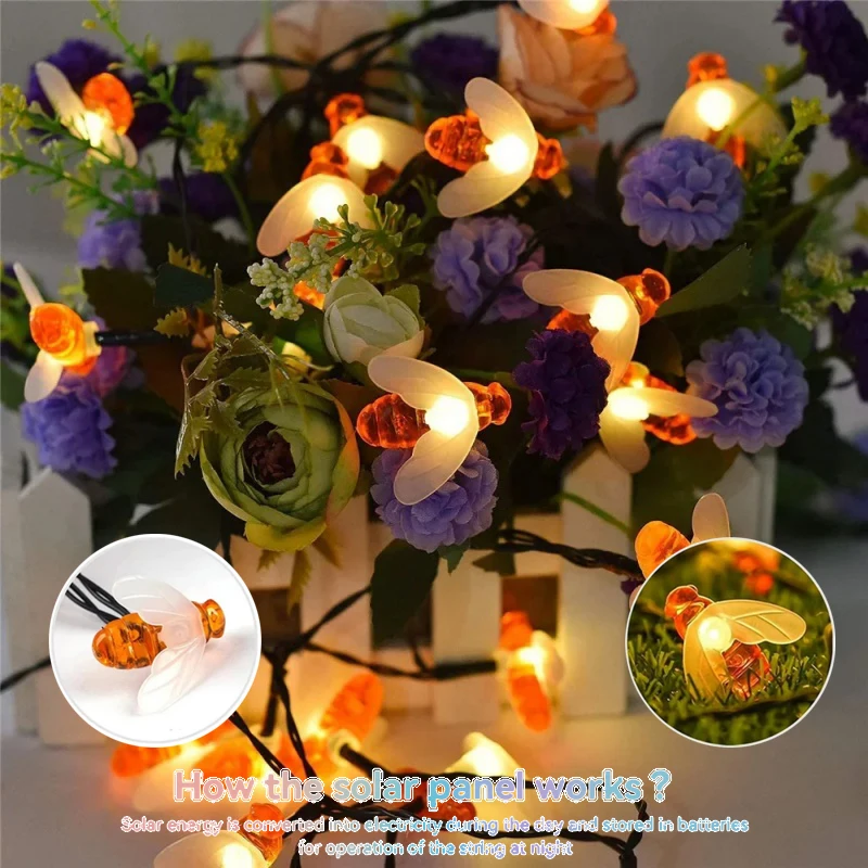Valla de flores árbol de Navidad luces solares LED de jardín luces de cadena de hadas de abeja de miel más modos iluminación exterior impermeable