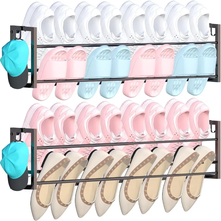 

Настенная полка для обуви из 2 упаковок для узких помещений: подвесное хранилище для обуви, вмещает 16 пар, регулируемая высота 17–30 дюймов, сверхмощная де