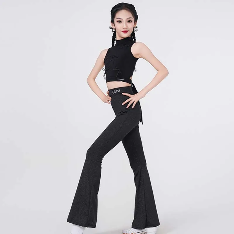 New Latin Dance Wear Girls Competition Performance Suit Samba Rumba Dancer Practice Clothes Black Crop Tops Pants Summer VDL1043