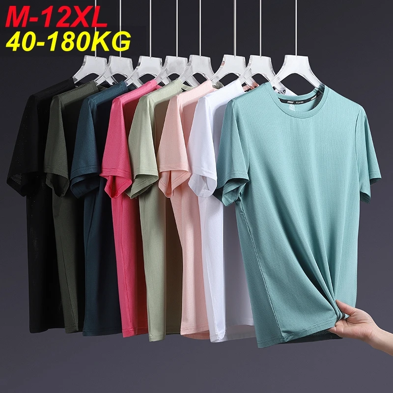 

12xl 11xl T-Shirts Men 180kg Super Plus Size Cold Net Fabric Quick-Drying O-Neck Short Sleeve Loose T Shirt Oversized Tops Tee