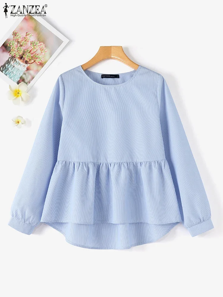 ZANZEA Damskie Koszule z Długim Rękawem Lato 2025 Okrągły Dekolt Koreańska Bluzka w Paski Plisowane Tuniki Codzienne Luźne Plisowane Bluzki z Baskinką