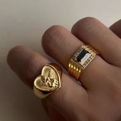 New ins Stainless Steel Cupid Relief Angel Ring For Women Vintage Micro Inlaid Black Zircon Rings Fashion Jewelry Gift