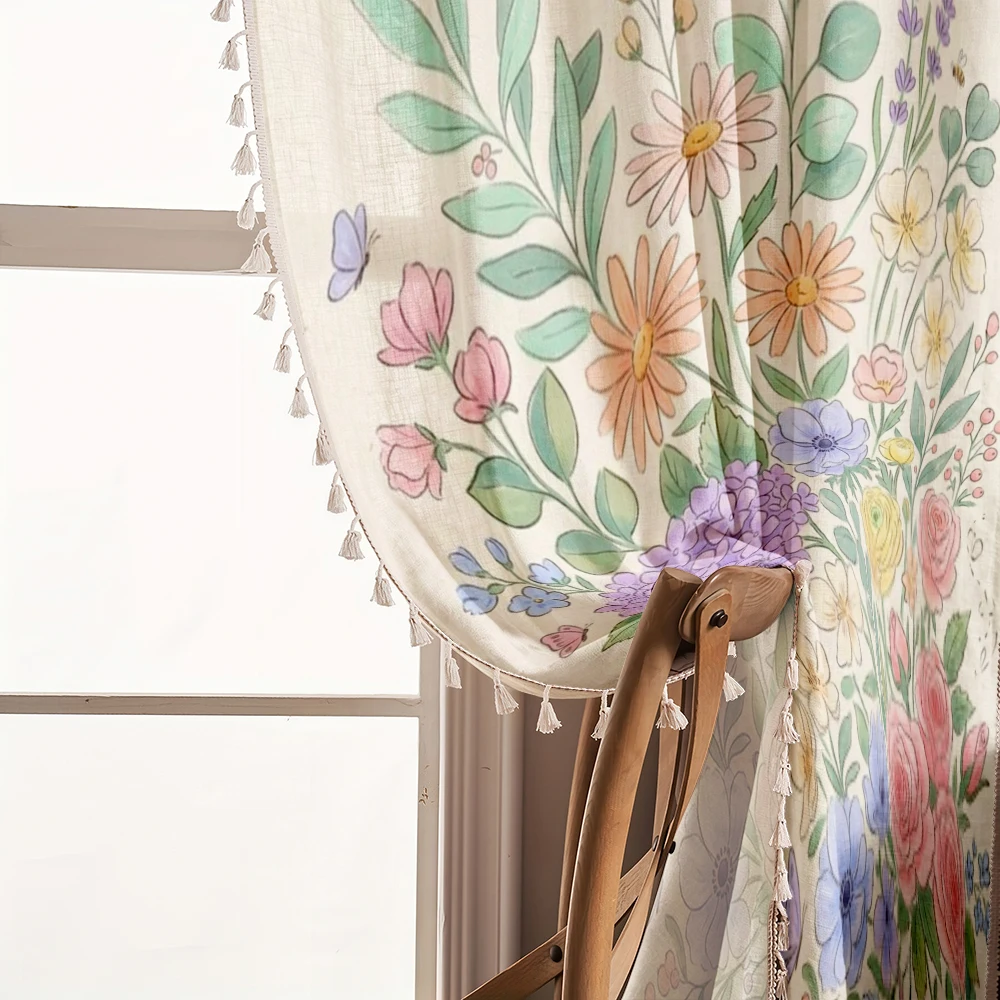 1PC Floral Tassel Sheer Curtains, Rose Hydrangea, Digital Print, Polyester, Bedroom Living Room Kitchen, Rod Pocket Polyester