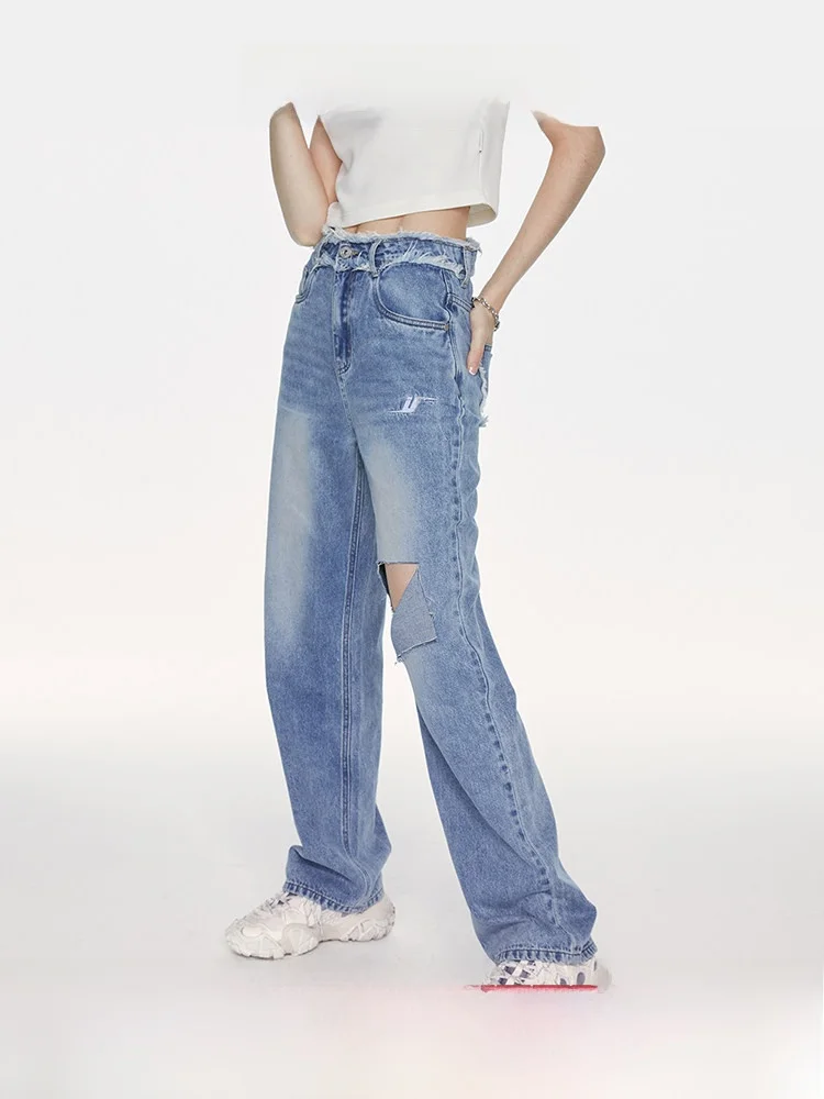 Blue Jeans Women's High Waist Slim Straight Loose Fit Torn Frayed Denim Pants Autumn New Style Comfortable Cotton Blend
