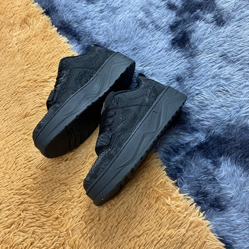 Large Size Unisex Black Snake Texture Platform Shoes Height Boost Thick Sole Hook&Loop Skateboard Sneakers Street Footwear