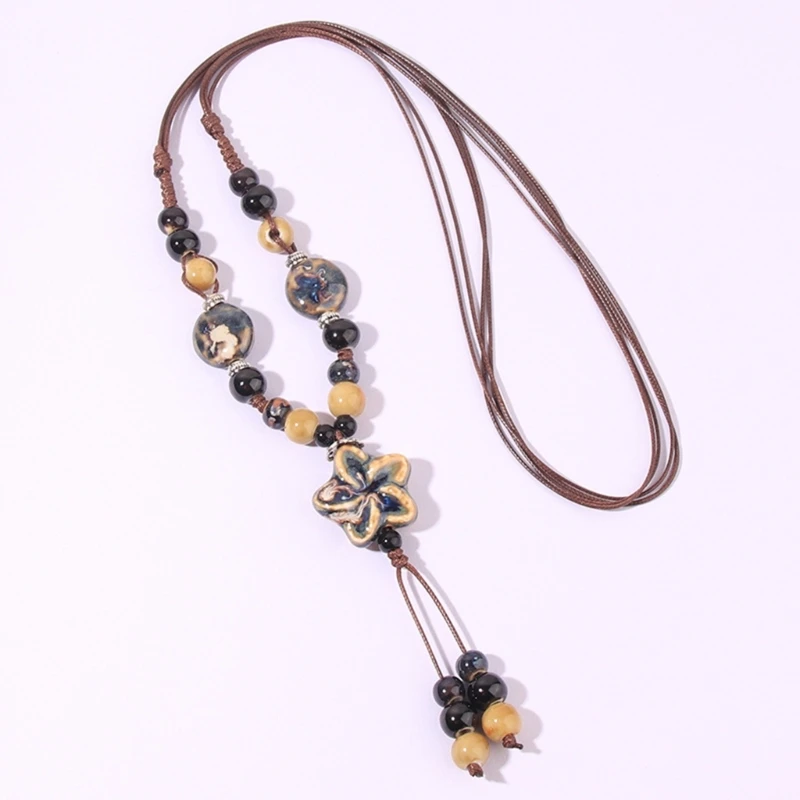 Fashion Ethnic Jewelry Weave Wax Rope Ceramics Necklace Ceramics Beads Pendant Long Necklace Traditional Ornaments