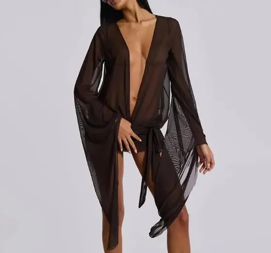 

New Women's Deep V Sexy Mesh See Through Strap Short Style Spicy Girl Wrap Dress 2026 Summer Female Fashion Slimming Dresses