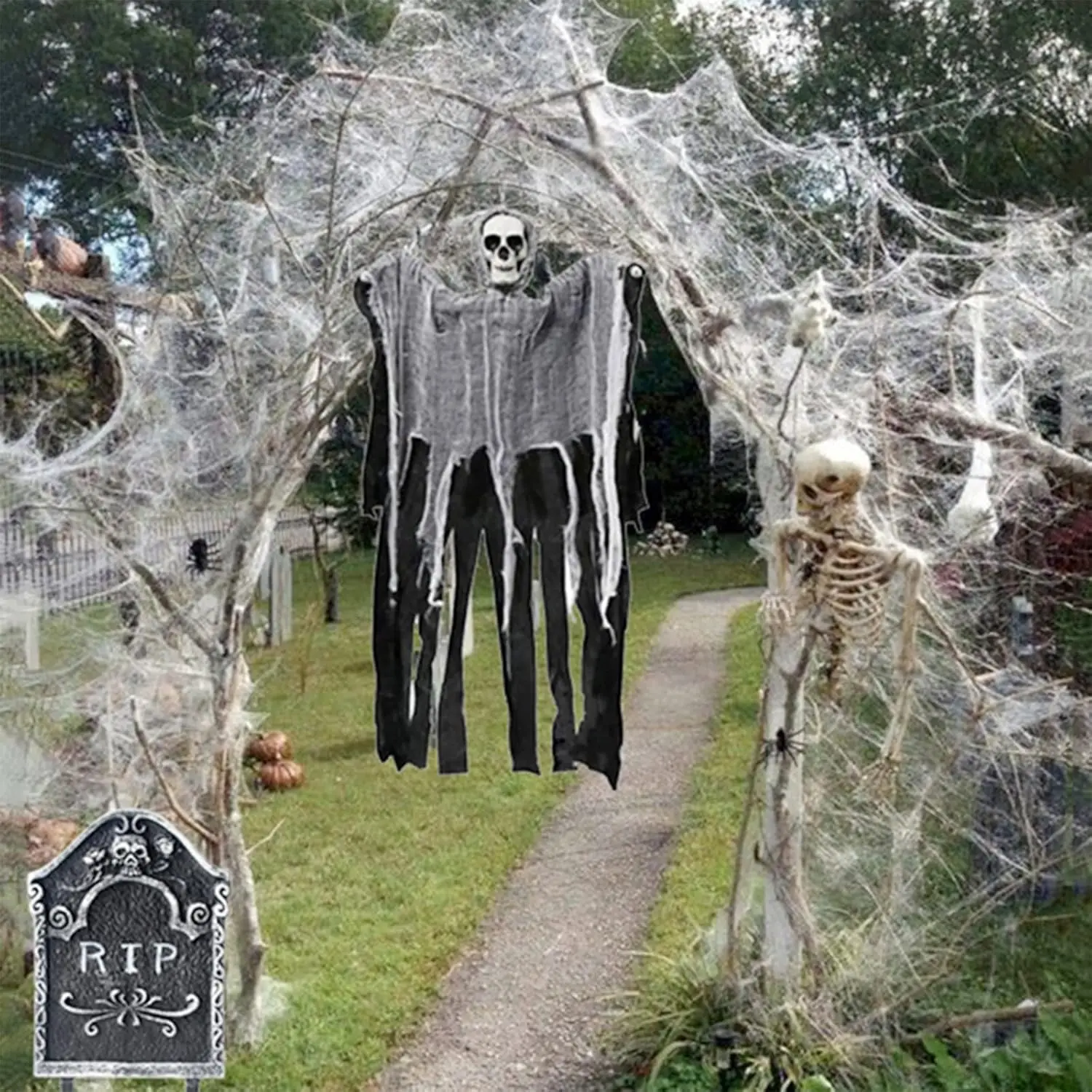 200 Quadratfuß große Spinnennetze als Halloween-Dekoration mit künstlichen Spinnen, superdehnbare Spinnweben für Halloween-Partys im Innen- und Außenbereich. – Detail 4