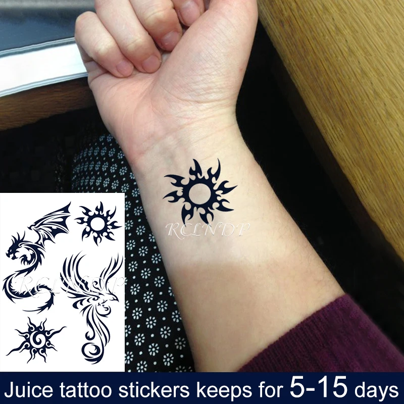 Waterproof Temporary Juice Ink Tattoo Sticker Sun Totem Dragon Phoenix Small Element Fruit Gel Long Lasting Tatto for Men Women