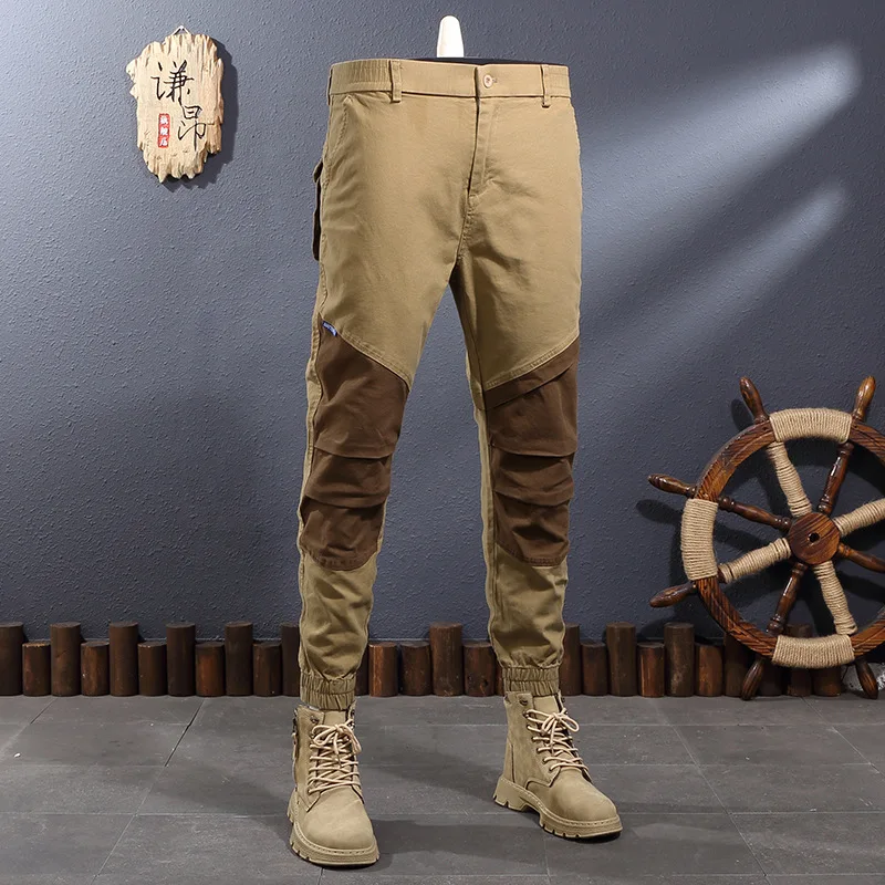 

2024 New Khaki Stitching Contrast Color Ankle Banded Working Pants Men's Fashion Elastic Slim Fit Feet Outdoor Casual Pants