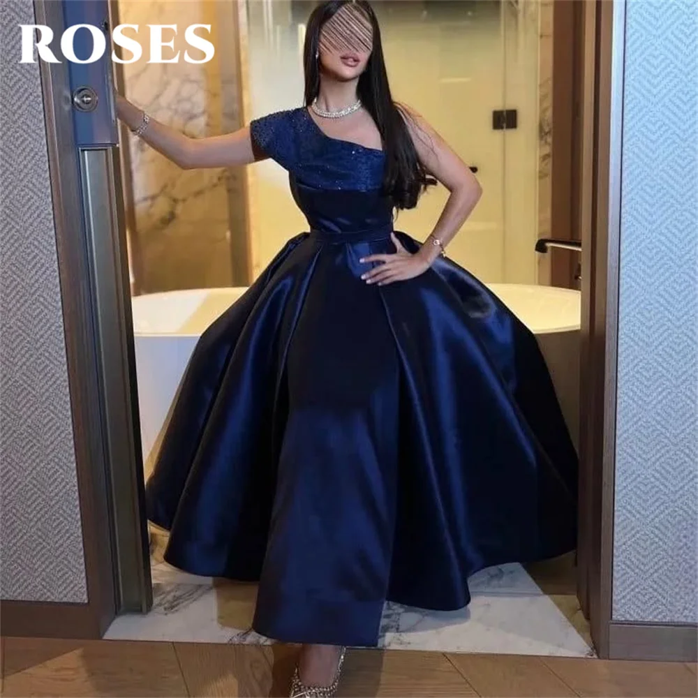 

ROSES Navy Blue Party Dress A-Line Stain One Shoulder Pleats Satin Night Dress Simple Ruched Evening Celebrity Dress Customized