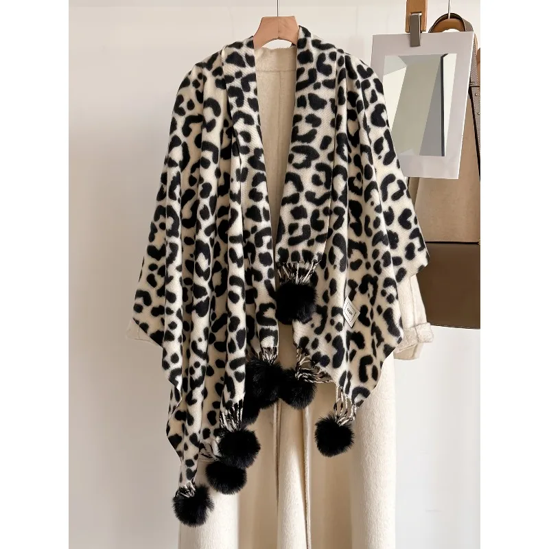 Double Sided Printed Leopard Print Tassel Shawl Women European Neck Wrap Winter Versatile Scarf