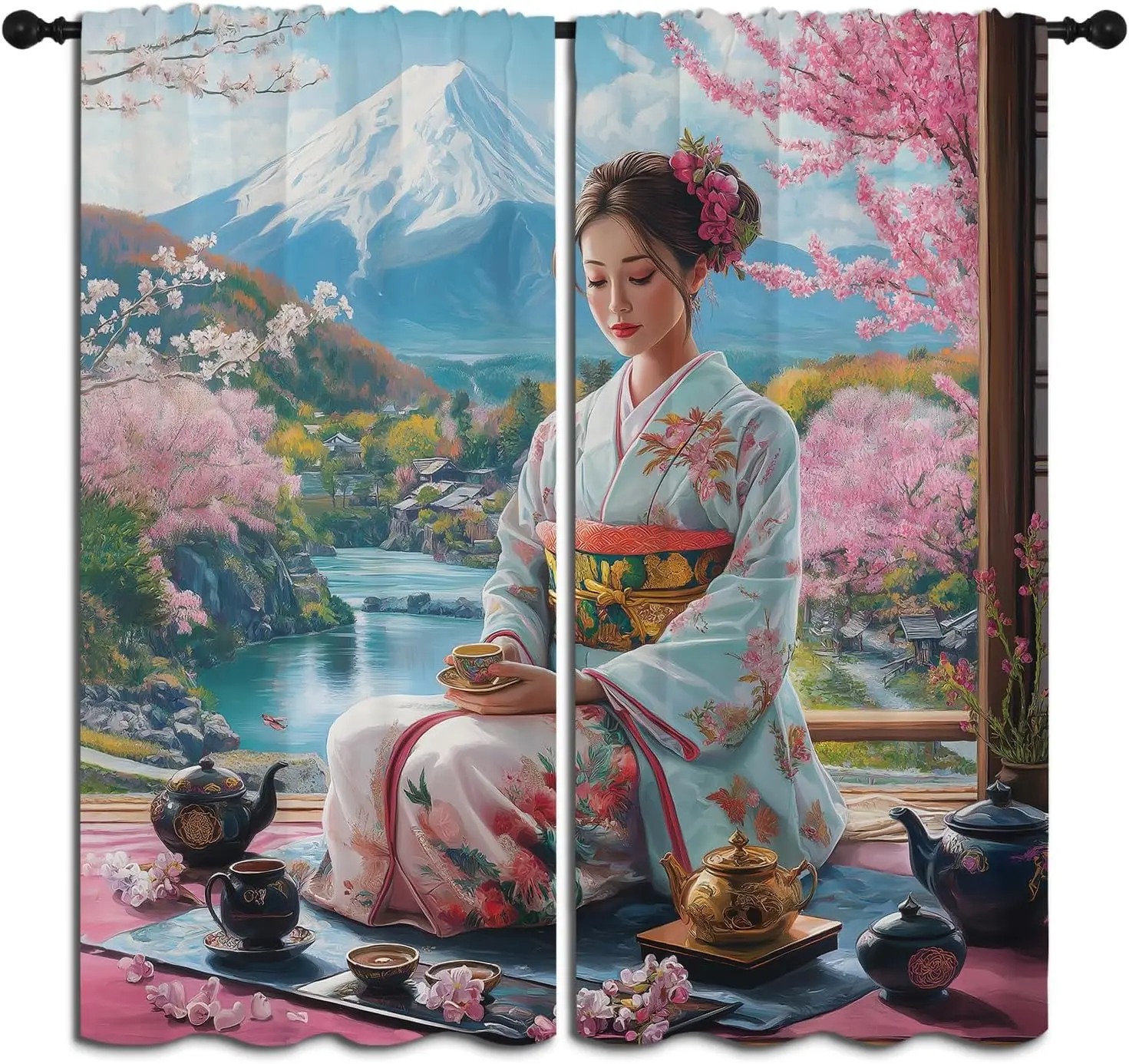Japanese Geisha Boy Girls Blackout Curtains,Cherry Blossom Spring Asian Garden Oriental, 2 Panel Rod Pocket Thermal Insulated