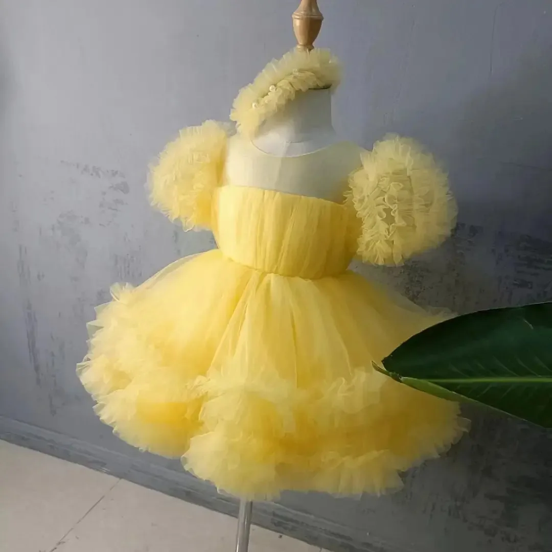 

Yellow Puffy Tulle Flower Girl Dresses For Wedding Tiered Kids Birthday Party Princess Sheer Neck Toddler Baby Ball Gown