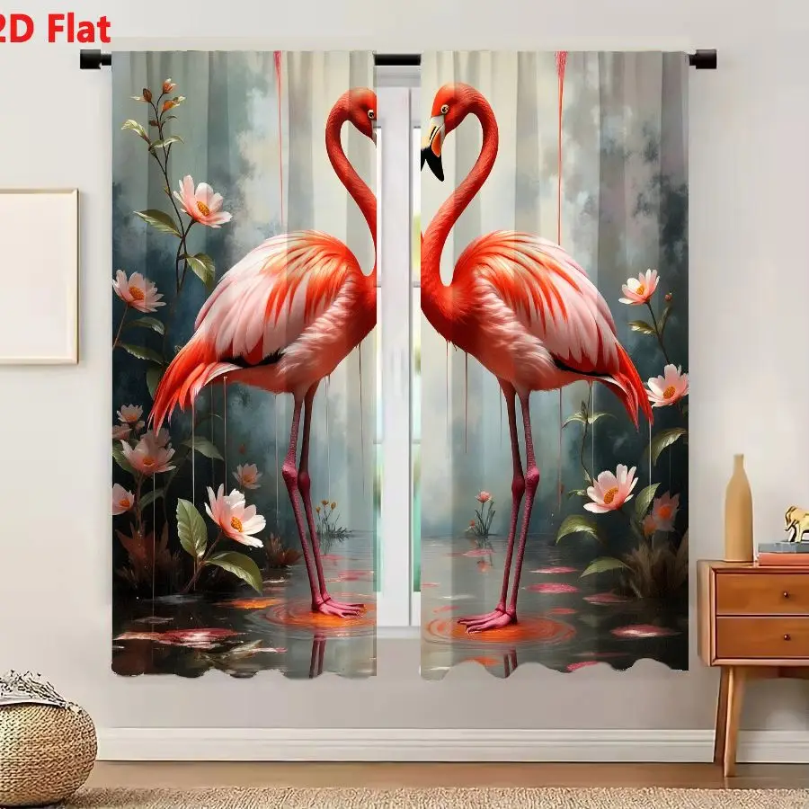 2Pcs Curtains 2D Flat Vibrant Pink Flamingos Heart Shape Standing in Shallow Water with Reflections Flowers Misty Background Dre