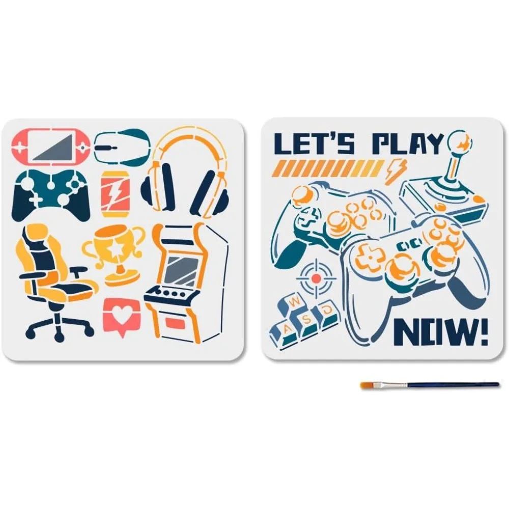 2Pcs Entertainment Games Stencil for Painting 11.8×11.8inch Game Console PS Machine Trophy Stencil with Paint Brush Reusable