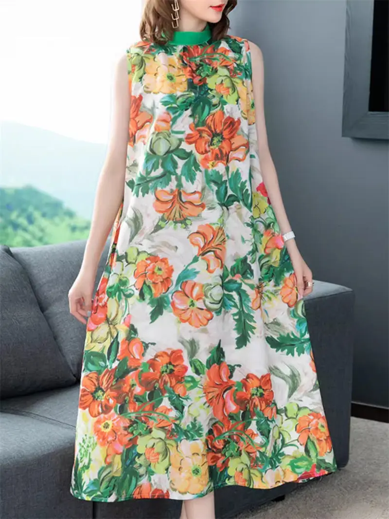 

2024 Summer New Linen Mid Length Dress Large Size Ethnic Style Printed Cotton Linen Sleeveless Tank Top Dress For Women K1748