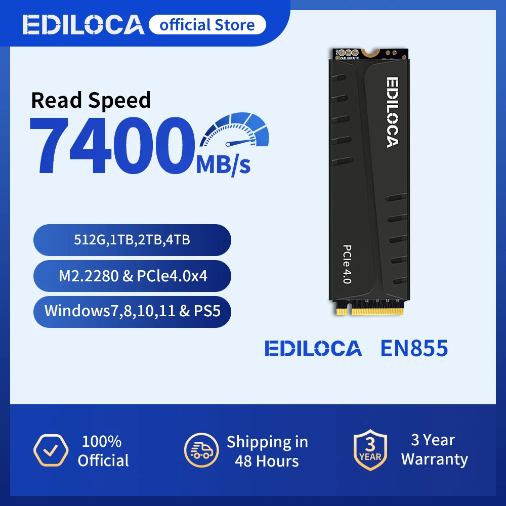 

SSD Ediloca EN855 с радиатором 7400 МБ/с PCIe Gen4.0 NVMe M.2 Игровой SSD Внутренний твердотельный накопитель для PS5 и ПК