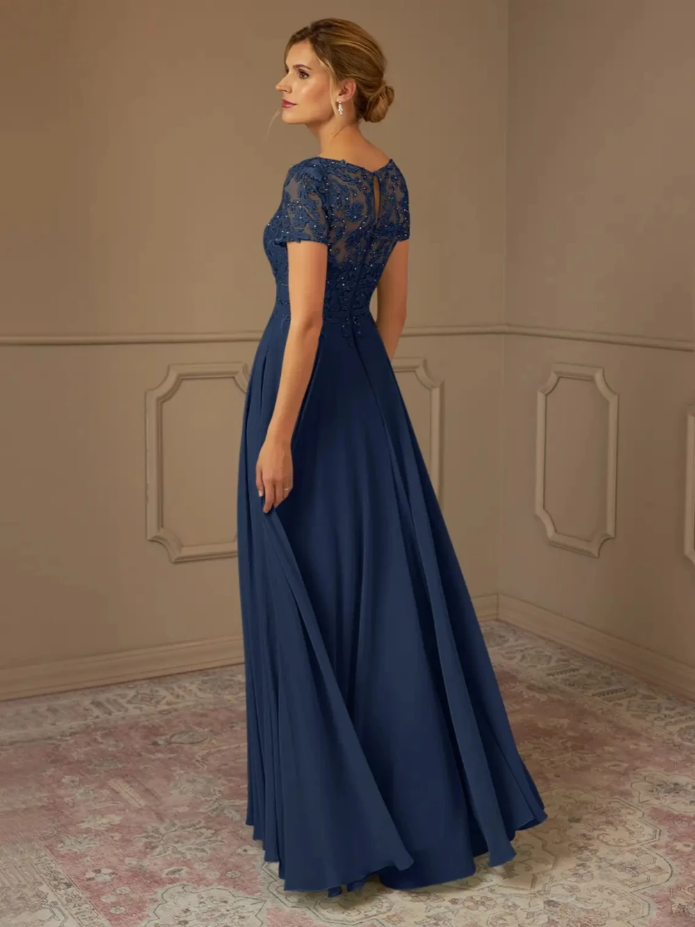 Robe de soirée classique en mousseline de soie, col rond, manches courtes, pour mère de la mariée, pour mariage, gracieuse, avec des appliques en dentelle, pour Rh, modeste