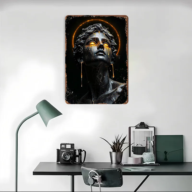 العقل هو كل شيء: ملصق معدني على شكل سمكة ذهبية مع زعانف القرش، علامات قصدير معدنية قابلة للتخصيص لتزيين جدران الفن، كهف رجل