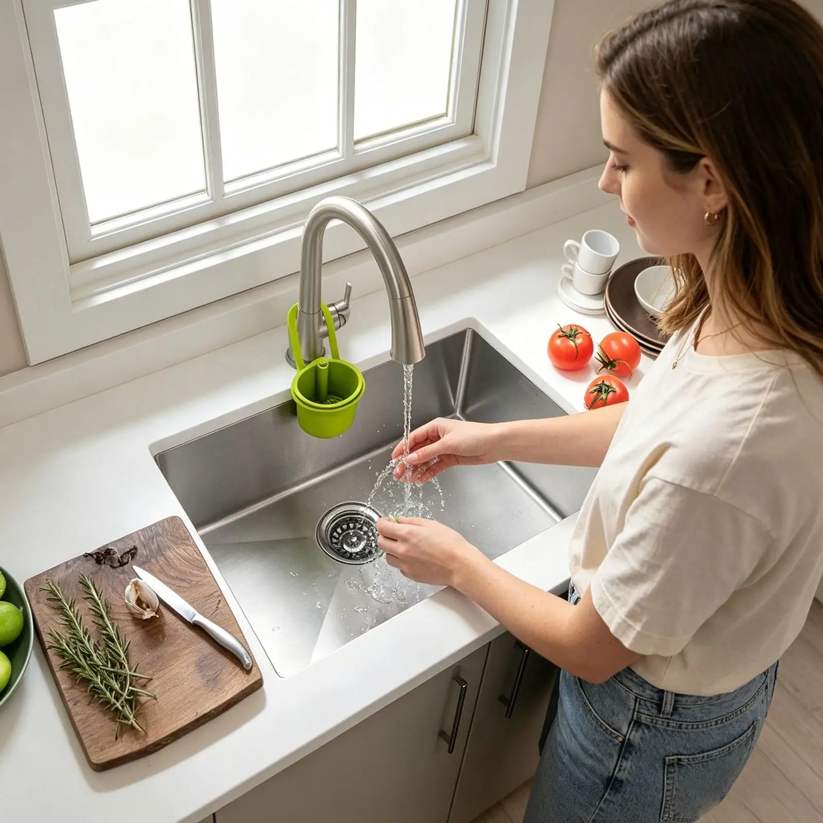 Adjustable Sink Food Strainer Push-to-Pour Kitchen Drain Filter Catches Food Waste Hair & Debris For Pasta Soup Shower