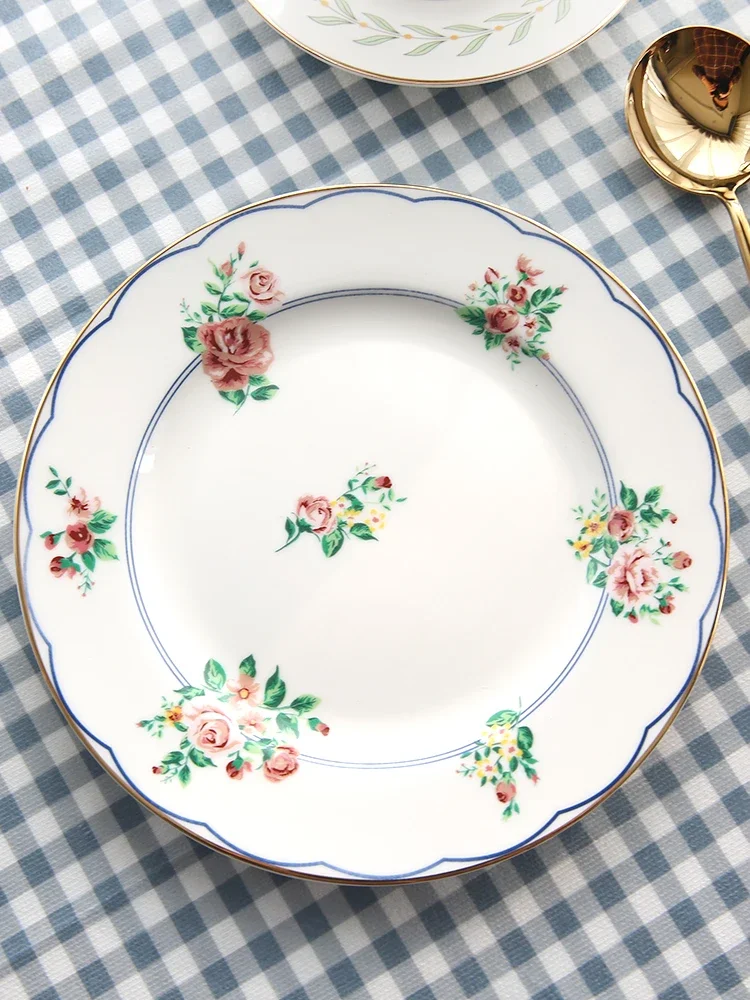 Retro Rose Gold Rimmed Ceramic Western Dinner Plate Soup  Breakfast  Dessert  Pasta  Classic Bouquet Design