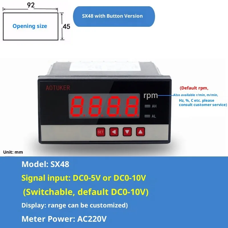 SX48-r/min Digital Display Instrument Tachometer/Frequency Meter Input 0-10V/0-20mA/4-20mA Display with Customisable Settings