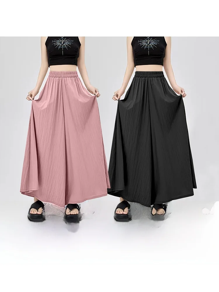High Waist Ice Silk Wide Leg Pants Skirt for Women Thin Summer Quick Dry Sun Protection Short Size Casual Straight Leg Trousers