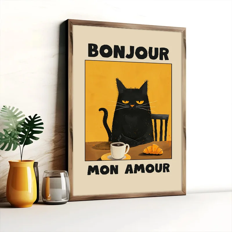 Retro Sassy Black Cat Coffee Poster Bonjour Mon Amour Wall Art Print Decoration Painting Home Kitchen Dining Room Café Decor