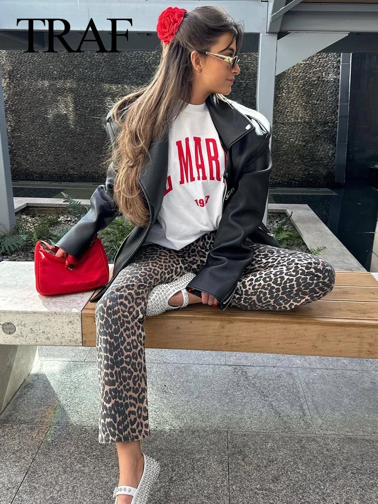 TRAF Spring Women Vintage Leopard Print Pants 2024 Female Button Pockets Chic Pants Zipper Long Streetwear Elegant Women Pants