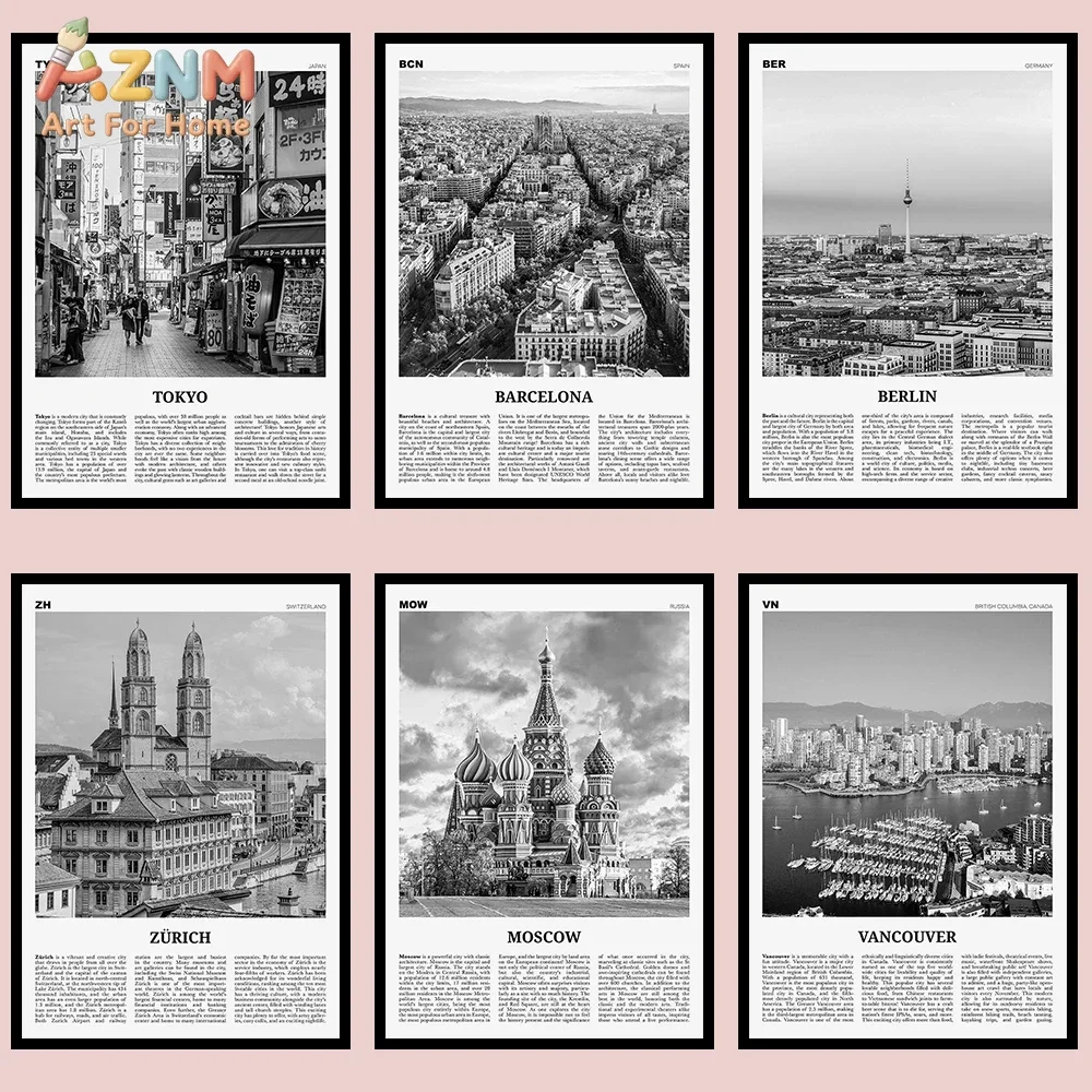AZNM Black White World City Skyline Canvas Wall Art, New York Seoul Oslo Cityscape Newspaper Style Print, Unframed Canvas Painti