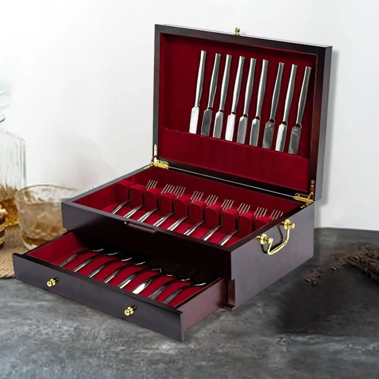 Double Layer Wooden Silverware Chest Large Capacity for RV, Party Table Tableware Organizer Felt Lining with Carrying Handle