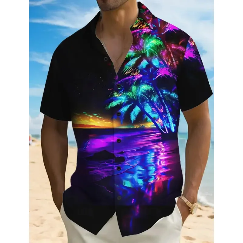 Men's fashion Hawaiian shirt 3d printed landscape tropical plant short-sleeved shirt summer casual Aloha shirt for men