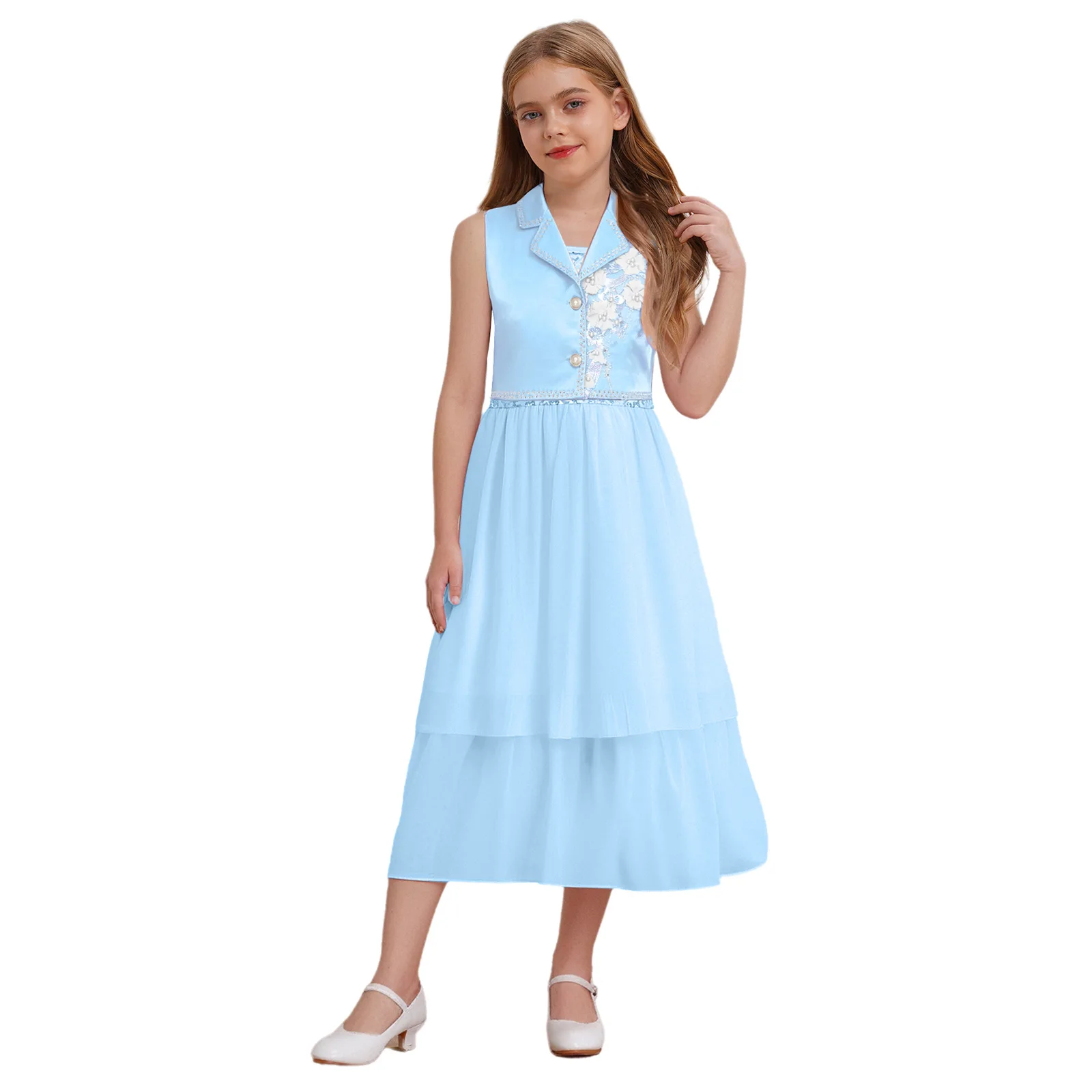 

Kids Girls Lapel Rhinestone Dress Flower Embroidery Gown Spaghetti Strap Sparkly Sequins Dress Irregular Hemline Banquet Costume