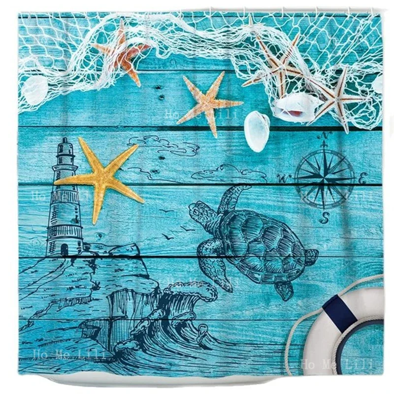 Mermaid Stall Cartoon Woman Sirens Of Greek Myth Female Human Tail Of Fish Teal Beach Wooden Starfish Coastal Shower Curtain