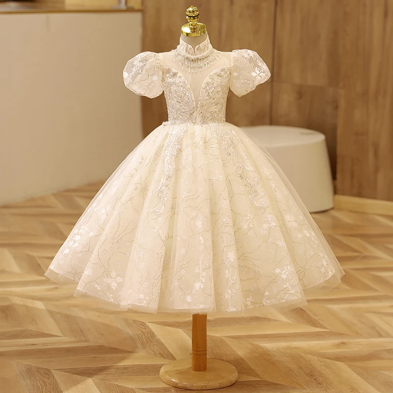 

Champagne Pageant Princess Dress for Flower Girl Wedding Long Evening Gowns Children Luxury Party Dresses Festival Costumes Kids