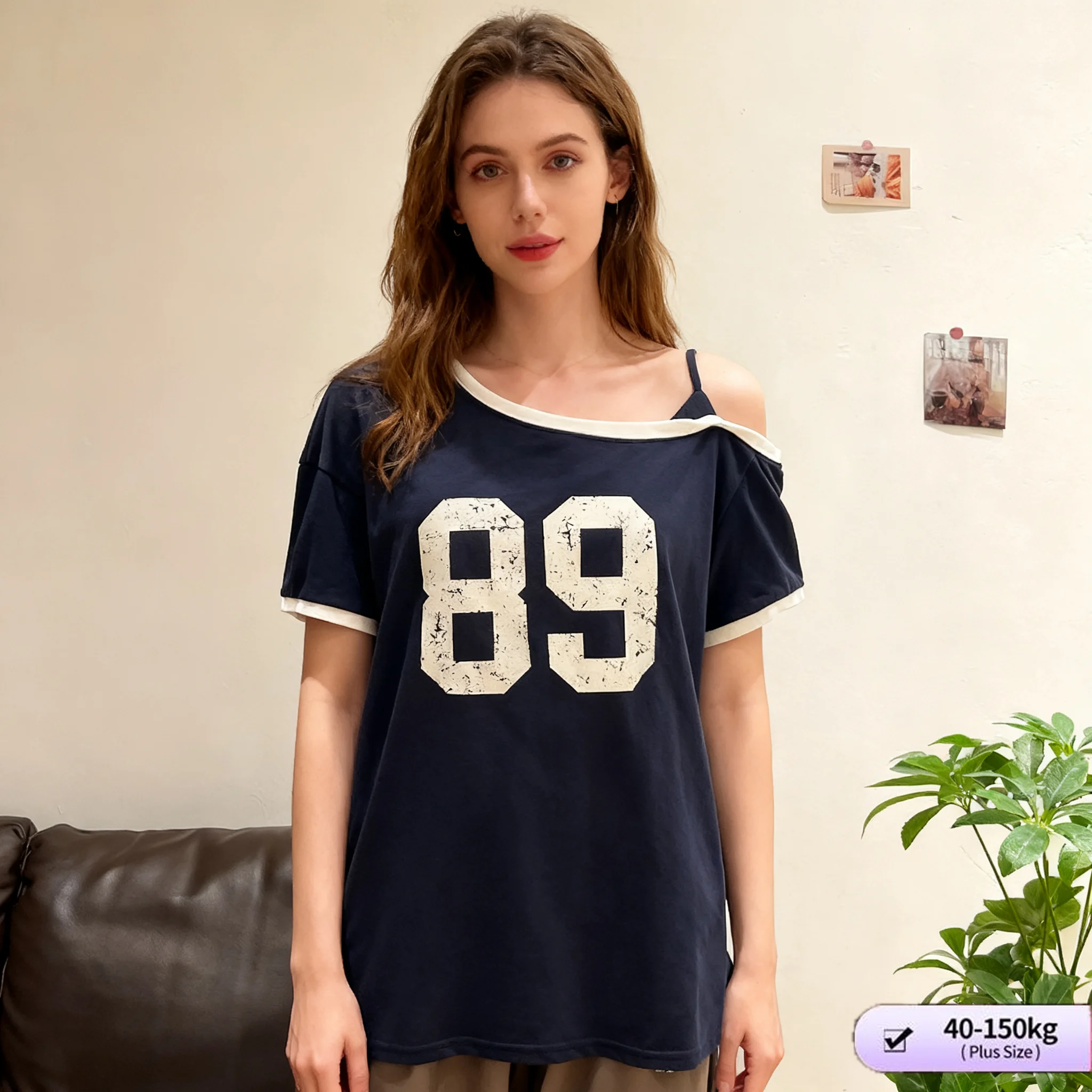 

【Футболка больших размеров】 (40-150 кг), женская летняя футболка с открытыми плечами в американском стиле ретро, винтажная повседневная рубашка свободного кроя, оверсайз