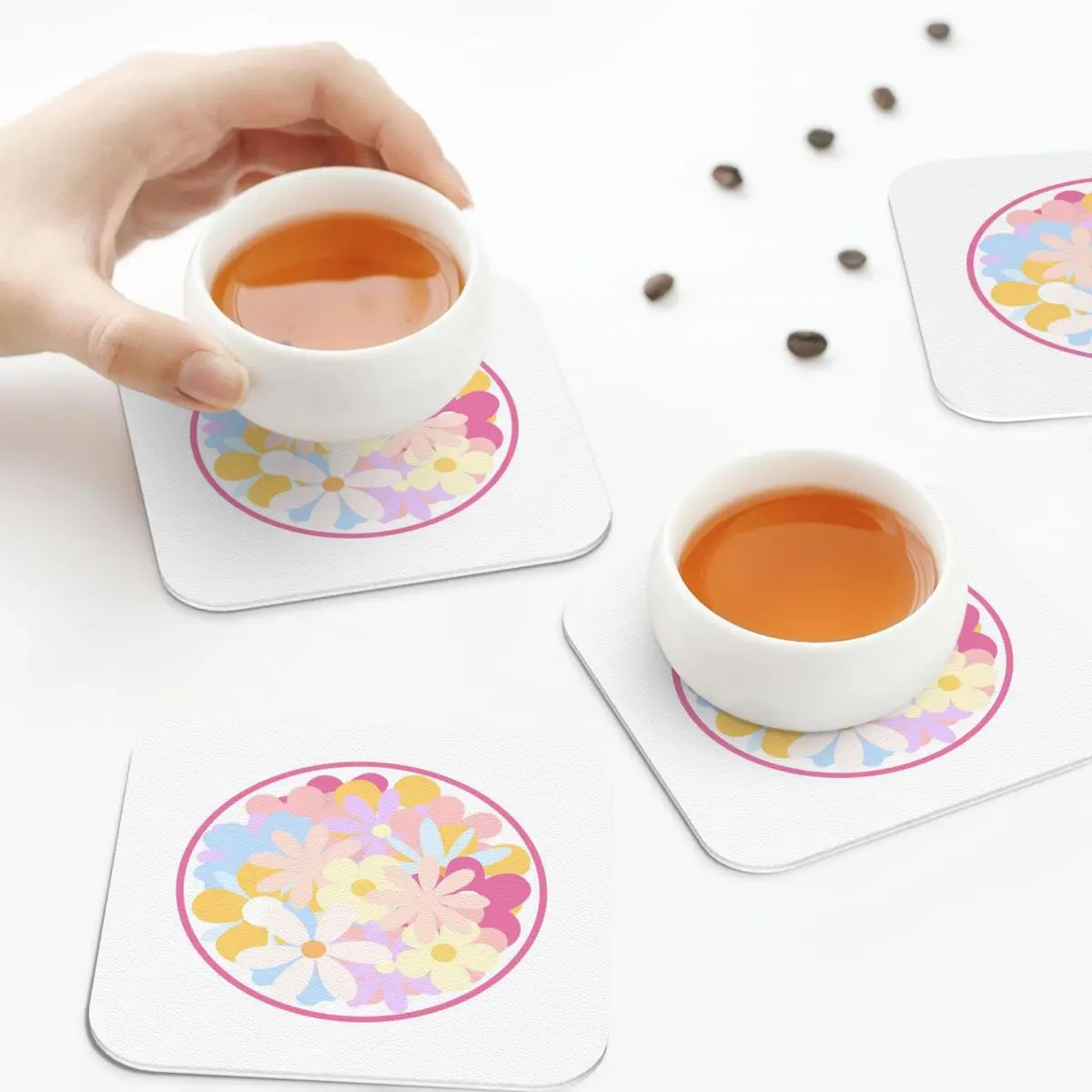 

Pastel Flowers Coasters Leather Placemats Waterproof Insulation Coffee Mats For Home Kitchen Dining Pads Set of 4