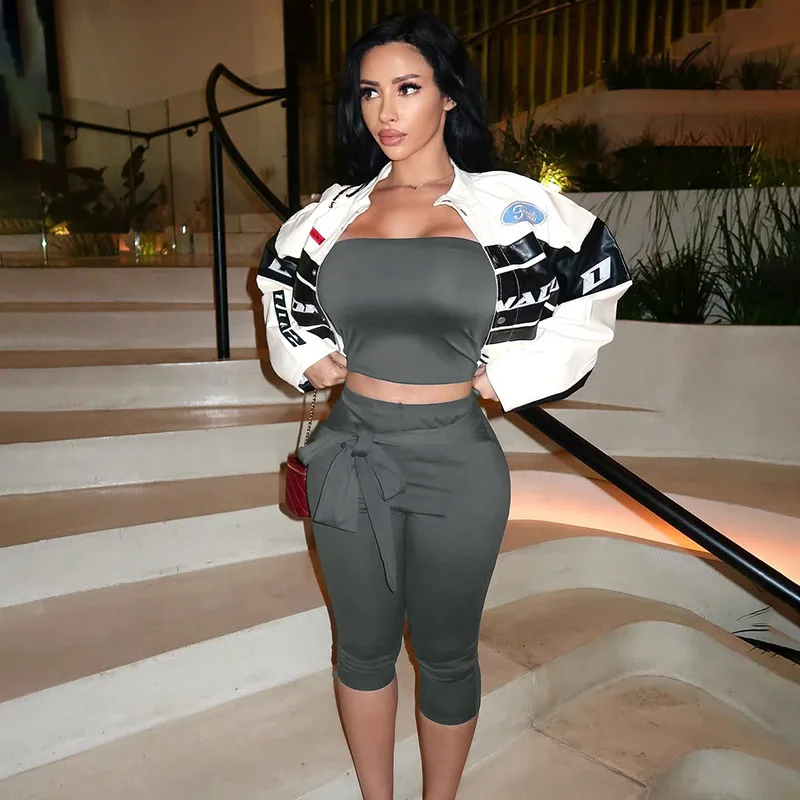 

Fashion Solid 2 Piece Set Women Strapless Tank Crop Tops + Lace Up Ribbon Skinny Calf-length Pants Suits Casual Streetwear