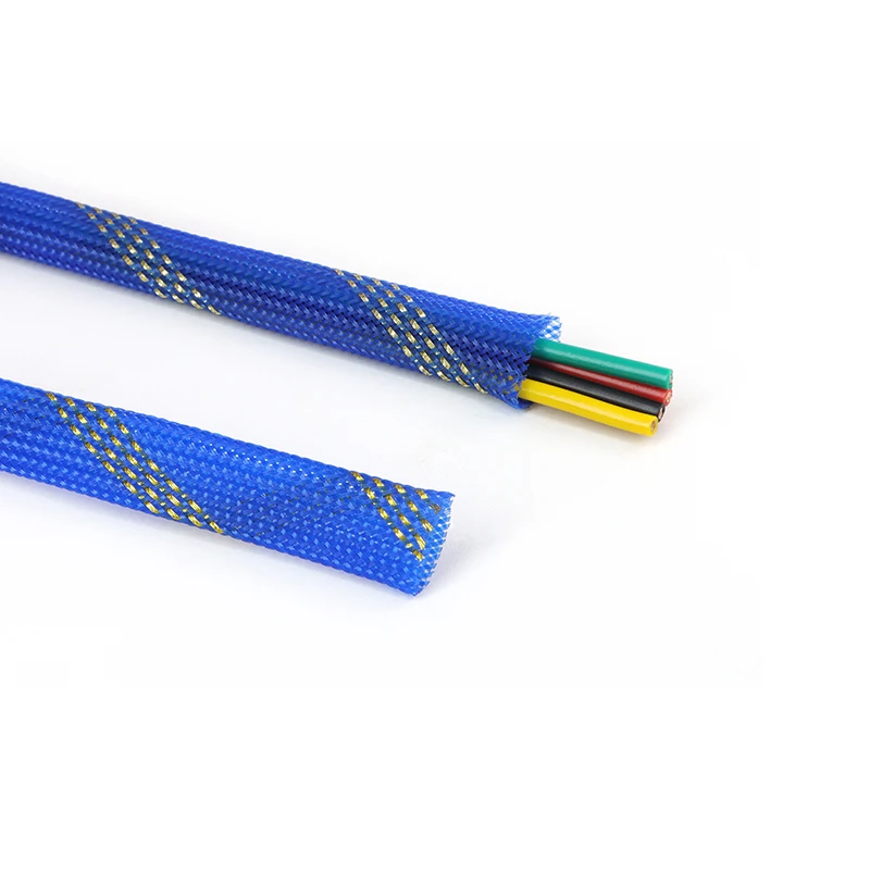 Blue Gold PET Insulation Expandable Braided Sleeve 2mm~16mm High Density Wire Wrap Cover Nylon Sheath Protection Cable Sleeving