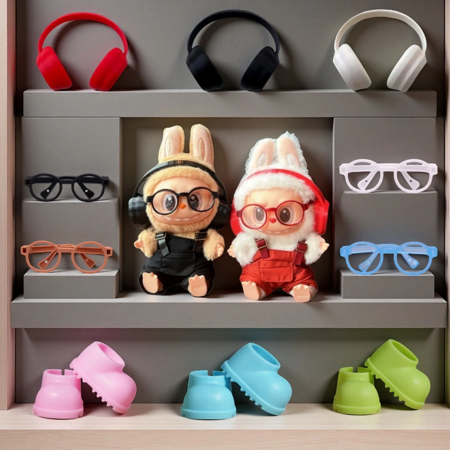 3 قطعة/المجموعة أزياء دمية صغيرة أحذية نظارات سماعة 3in1 ل labubu اكسسوارات 15 سنتيمتر/17 سنتيمتر دمية (لا دمية)