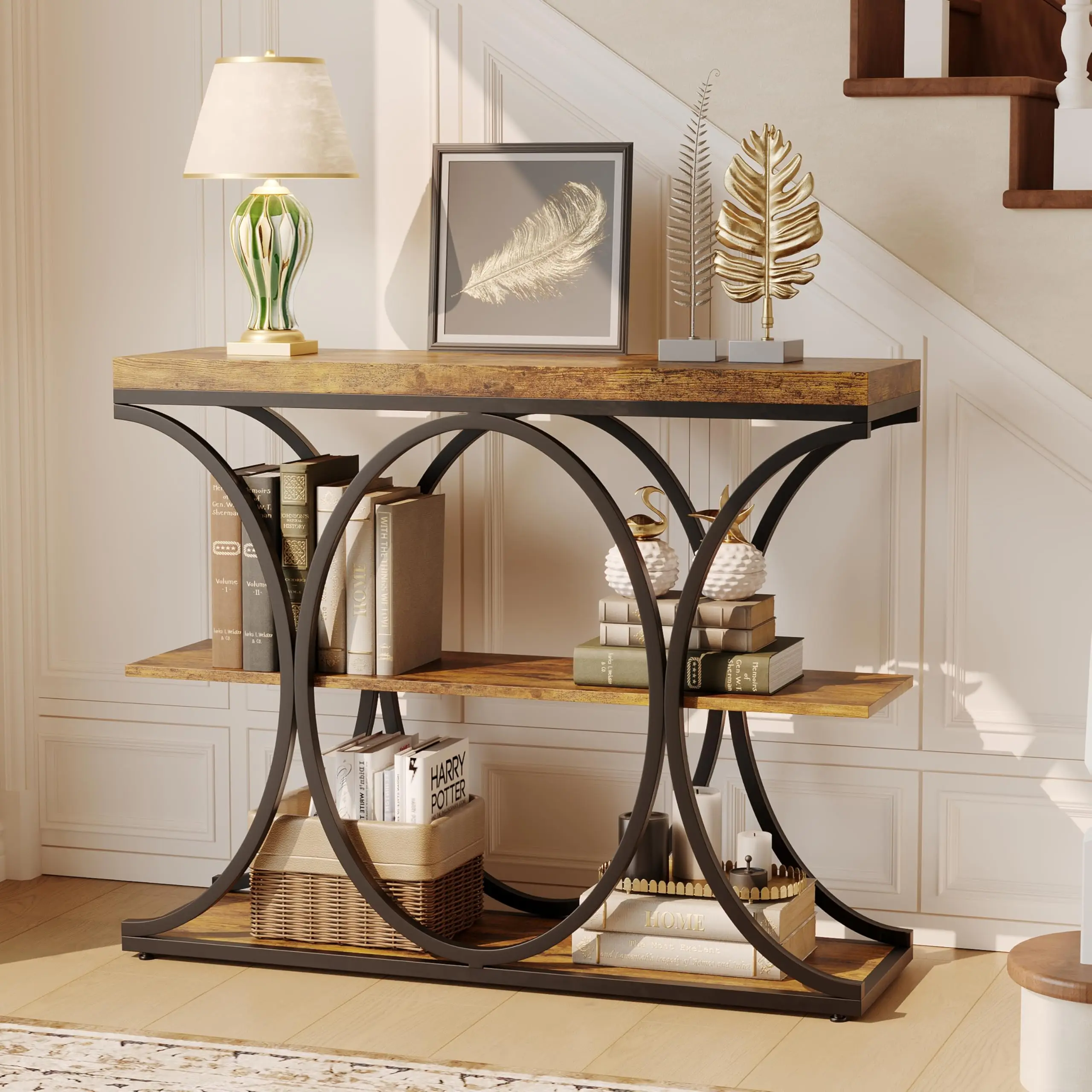 Console d'entrée en bois de style scandinave, table d'entrée avec 2 étagères, cadre en métal, meuble d'entrée, table d'appoint, pour entrée, salon, couloir (100 x 80 x 30 cm, marron)