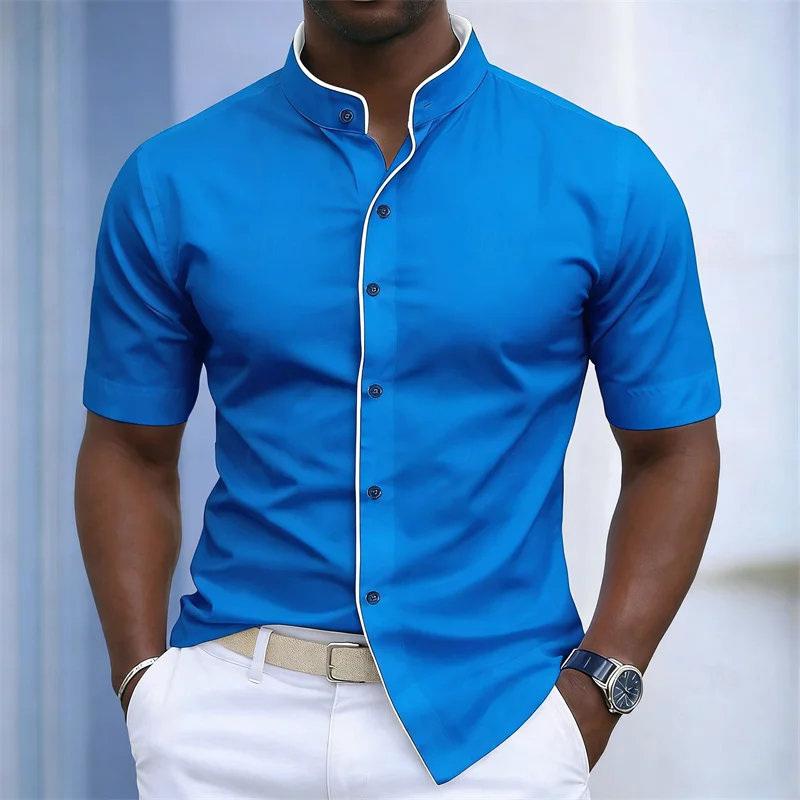 Chemise d'été pour homme à col montant et manches courtes, 20 couleurs, design color block tendance, coupe ajustée, chemise décontractée pour affaires, tailles XS-6XL
