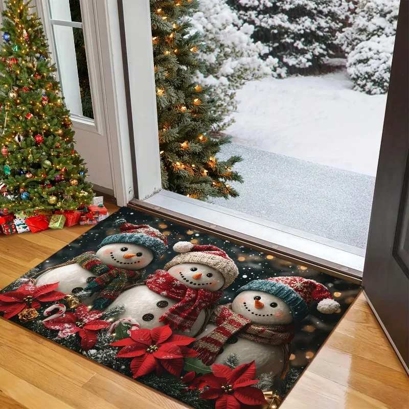Christmas Snowman Doormat with 3 Scarf-Wearing Snowmen and Red Flowers Non-Slip Welcome Mat for Festive Entryway Decor