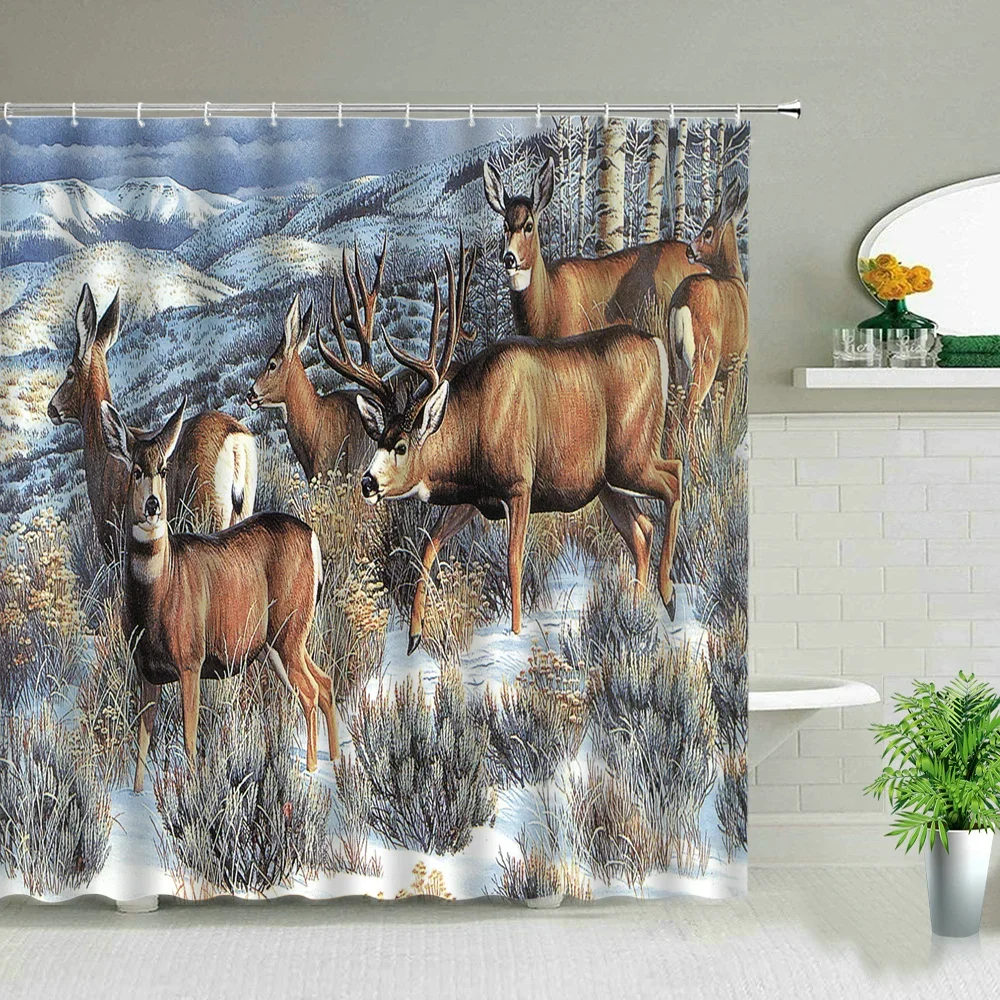 Winter Landscape Woods Deer Shower Curtains Elk Animal Print Bathroom Decor Bathtub Partition Bath Curtain Waterproof Fabric