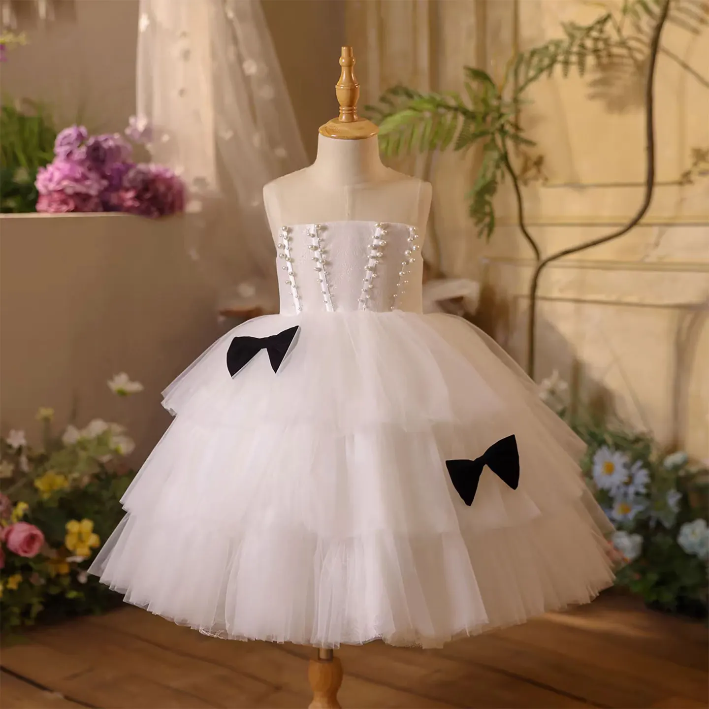 

Dreamy Vow White Baby Girl Dress Pearl Bow Style For Kids Toddler Birthday Party Holiday Communion Princess Short Ball Gown D106