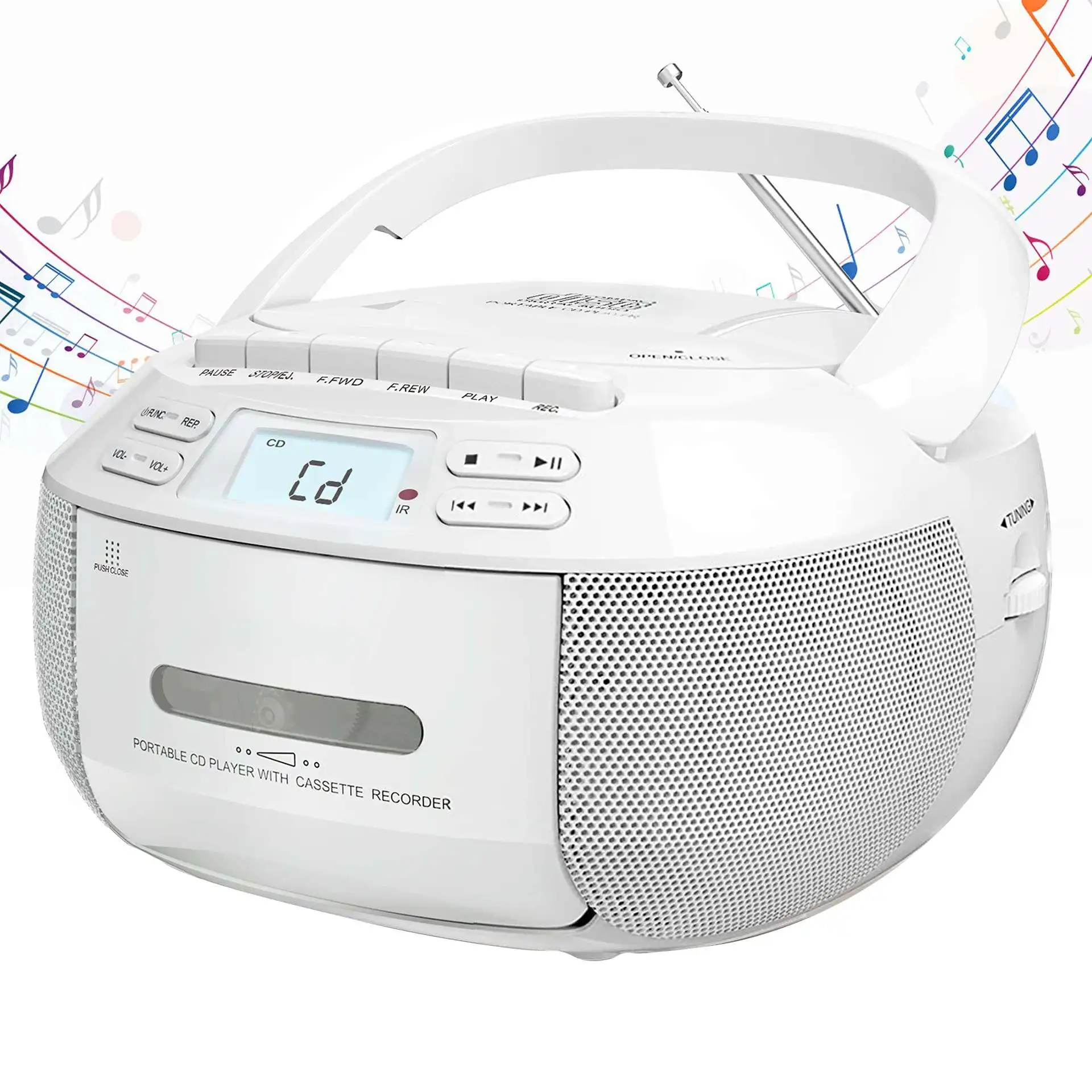 Tragbarer Bluetooth-CD-Player, Kassettenrekorder, Boombox, AM/FM-Radio, USB-MP3-Player, Dual-Lautsprecher mit Fernbedienung, weiß