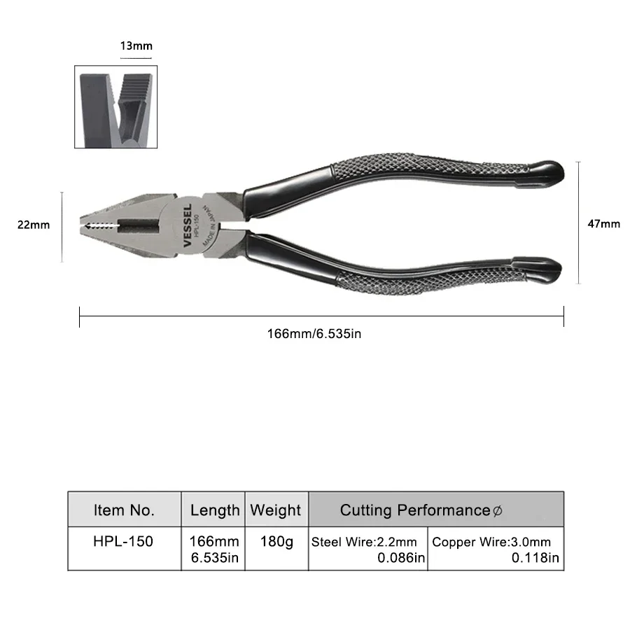 VESSEL Electrical Wire Cutter Pliers Flat-Nose Pliers Strong Steel Wire Pliers 6-Inch 7-Inch 8-Inch HPL150 HPL175 HPL200