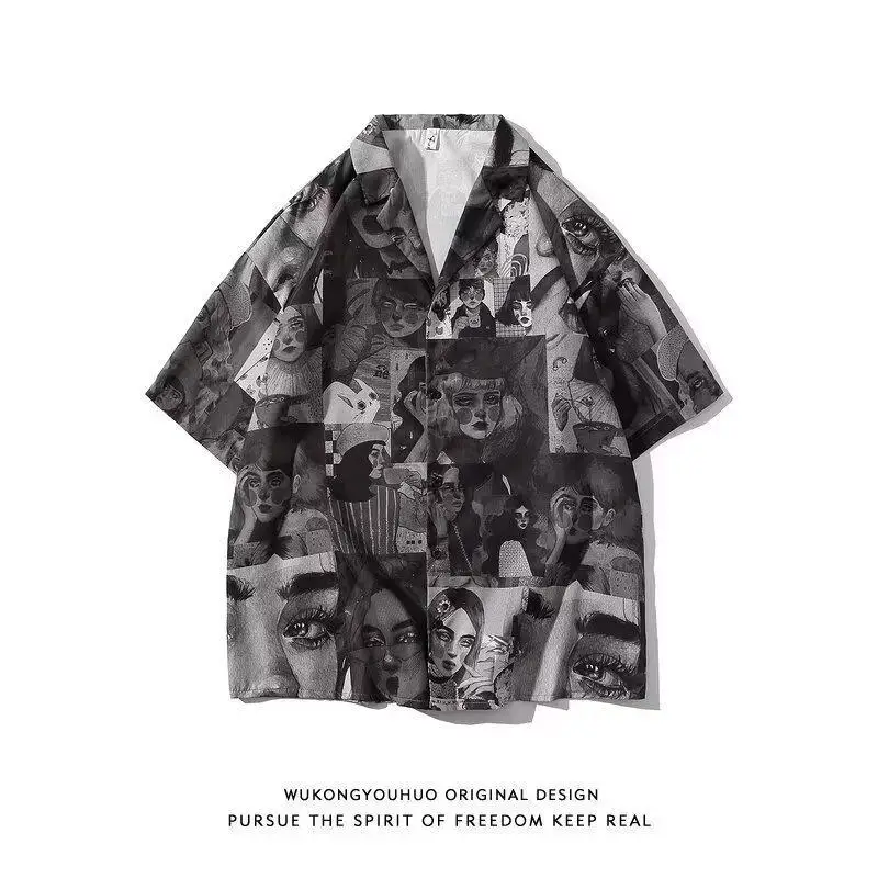 Y2K Summer New Hawaiian Style Short Sleeve Shirt Men West Cowboy Mens Oversized Plaid Patch Stitch Printed Beach Shirts Techwear